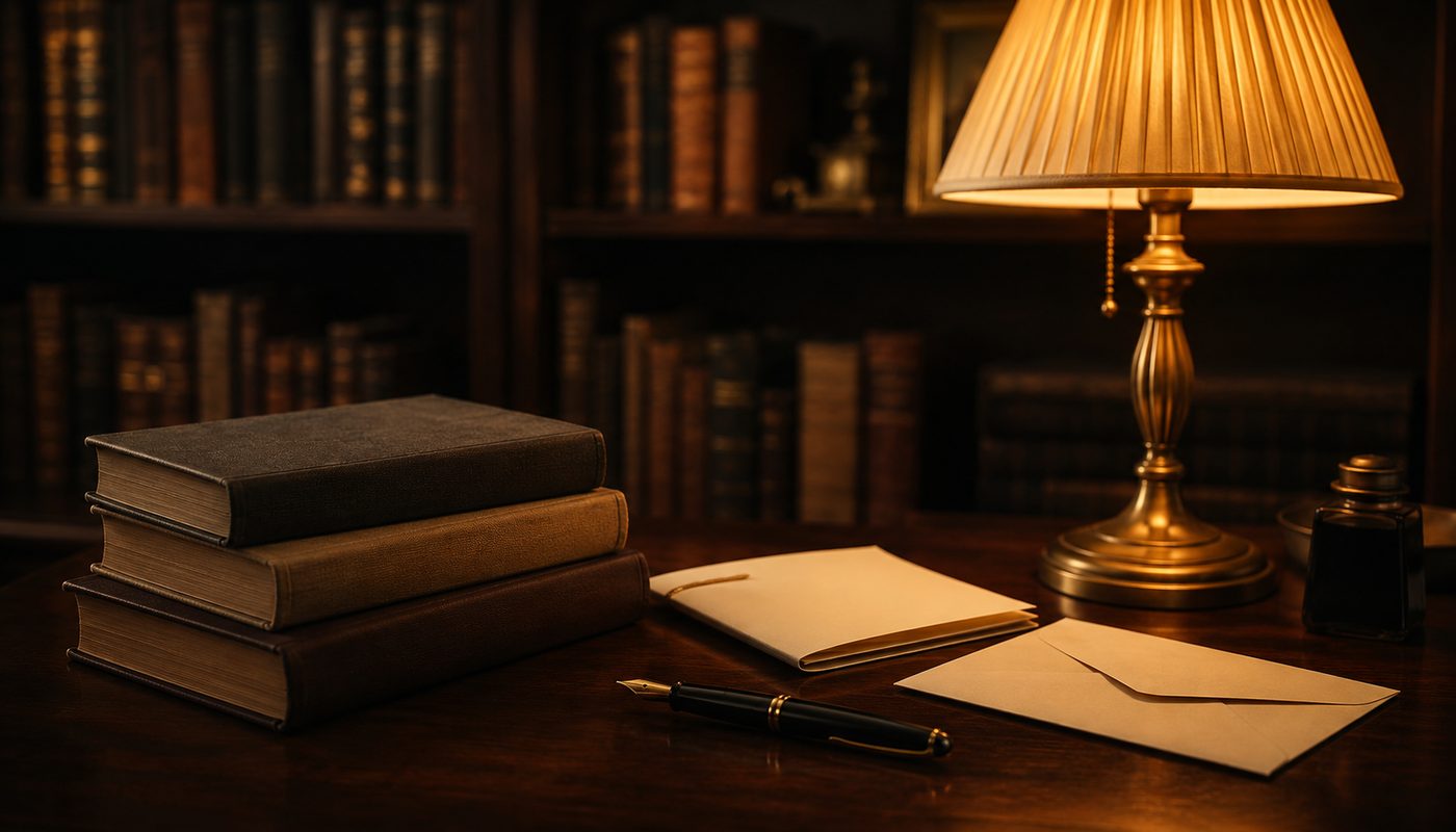 A warm library reading nook with books and a softly glowing lamp at Vaag Vatika Publishers